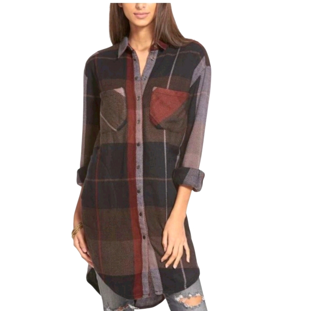 Free People Street Talk Plaid Flannel Shirt Dress/Tunic In Rich Earthy Colors